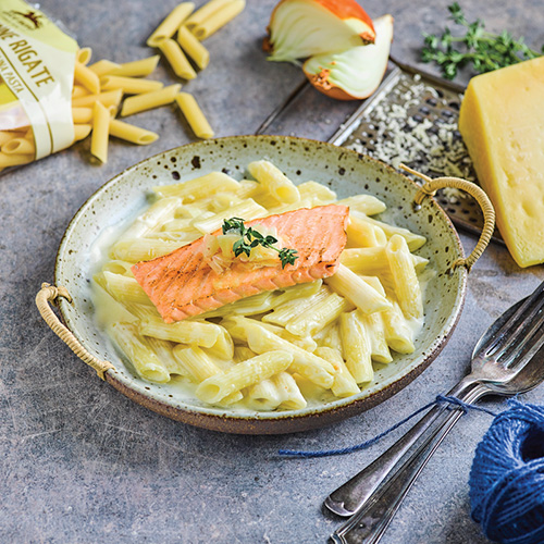Penne carbonara with salmon